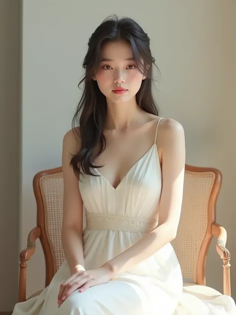 True. Pinay wears a white dress with the concept of Mid-Autumn Festival. A beautiful and young Asian girl Sitting on a chair.