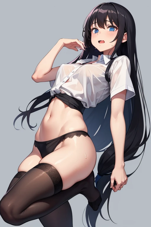 Girl with long hair, with short shirt, nothing but stockings and nothing else on top, sticking out tongue with drool, with stomach free of clothes and transparent clothing, sweating excessively, jumping on someone&#39;s penis, excitement, piernas más larga...