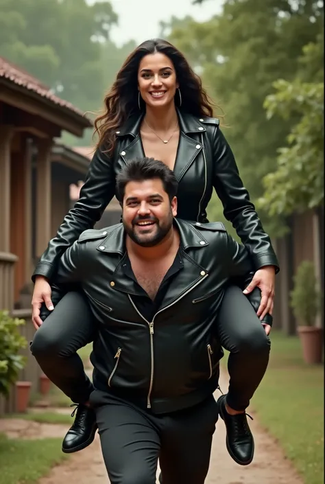 Smiling Nora fatehi in black leather jacket lifting and picking up a large chubby man on her shoulders in a farmhouse , full view