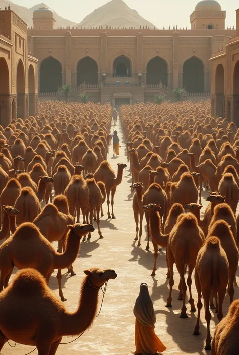 More than 200 beautiful camels without riders in a courtyard with their owners watching them from afar



