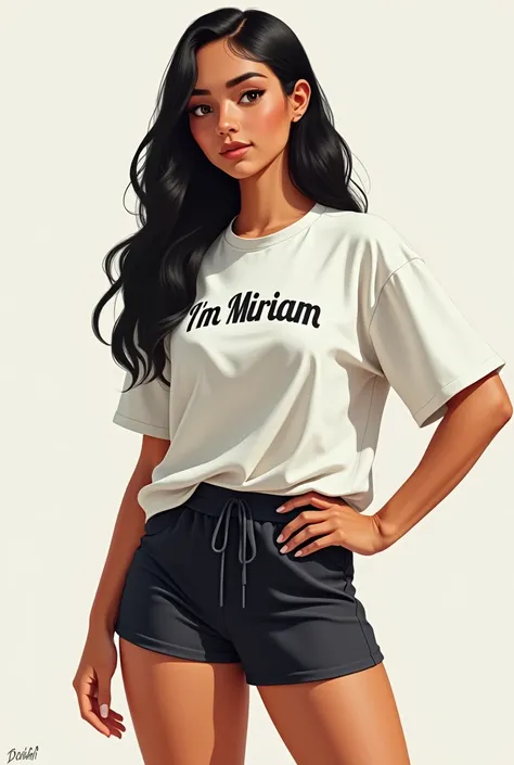  A single 3 woman, round face, thin eyebrows, rounded eyes, Wide nose, fine lips, long black hair, Full and wide body, short stature, clothing in sports shorts, Oversized shirt with a print that says I&#39;m Miriam,  small bust,  highest, SHE&#39;S JUST A ...