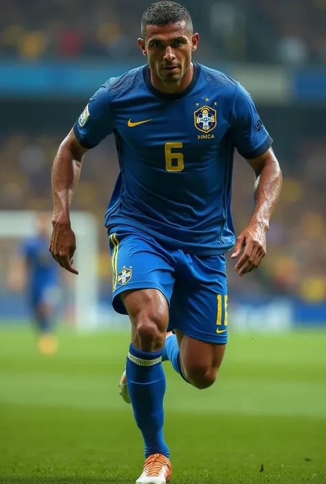 A realistic image of a Brazilian soccer player wearing a blue uniform with the number 6 stuck to his body due to sweat, Hes sweaty