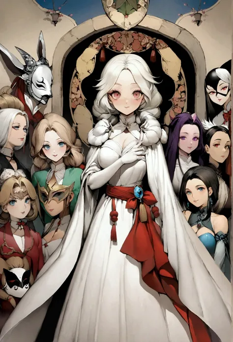 fille d&#39;anime aux cheveux longs et aux yeux rouges portant une robe blanche, renard et buisson, étroit, a beautiful étroit woman, une belle dame renard, art détaillé d&#39;onmyoji, portrait d&#39;onmyoji, onmyoji, étroit three - tailed fox, belle foxgi...