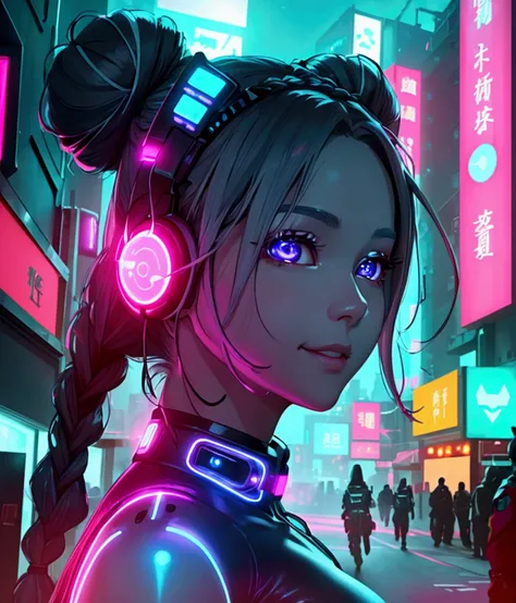 1 woman, Chinese_clothes, Cyber Han,How many guards?,bare,Big breasts, nipples,See the smooth vagina,cyberpunk city, dynamic gesture, Glowing headphones, glowing hair accessories, long hair, glow earrings, Fluorescent necklace, cyberpunk, เมืองที่มีtechnol...