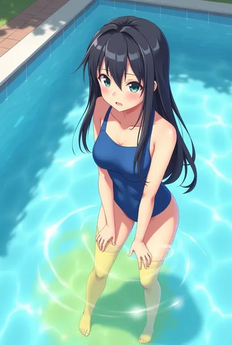 Anime girl, girl in the pool, girl in a blue swimsuit, pissing, pissing herself, pissing bright yellow urine, bright yellow urine gets into the pool, bright yellow urine dissolves in the pool