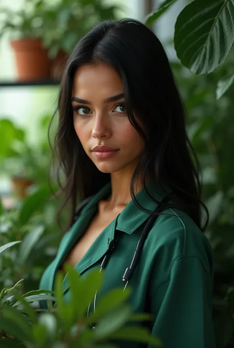 An image showing a dark-haired Latina woman with straight hair and slanted eyes. Being a plant doctor. black skin