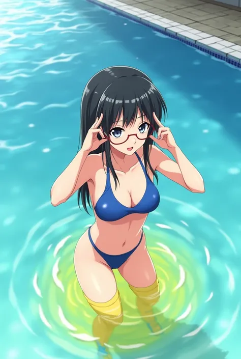 Anime girl, girl in the pool, girl in a blue swimsuit, pissing, pissing herself, pissing bright yellow urine, bright yellow urine gets into the pool, bright yellow urine dissolves in the pool