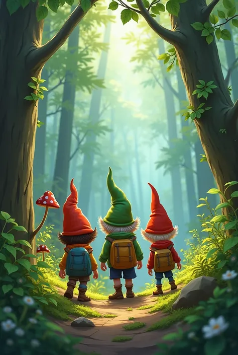 Gnomes hunting in the forest, they are not looking at the camera, i want to see their back not their face
