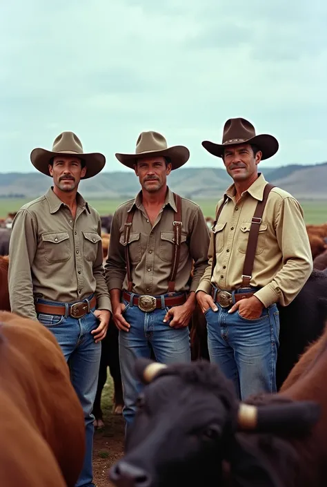 3 man , cattle rancher, from the 50s, Color photography with his cattle, of shirt and hat 
