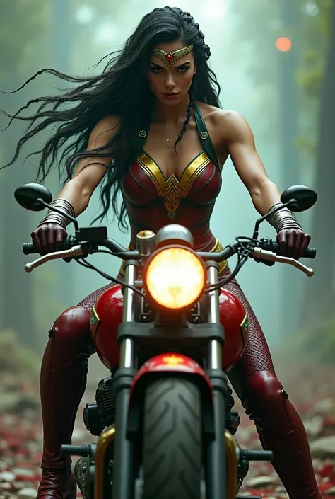 (((From very close-up (((rogue x-men))) A beautiful woman riding a futuristic high-powered motorcycle))),(((Cali green and yellow leather suit))),(((Leather jumpsuit with scales))),(((Suit that covers your entire body))),(((Cali green and yellow Wonder Wom...