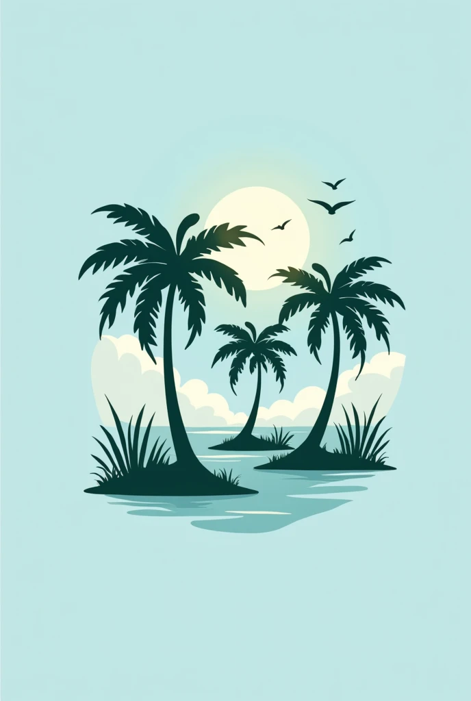 minimalistic logo, in the icon style for social network profile with three buriti palm trees (Mauritia Flexuosa) in the swamp, with the sun showing in the blue sky, with birds flying in the distance in the sky.