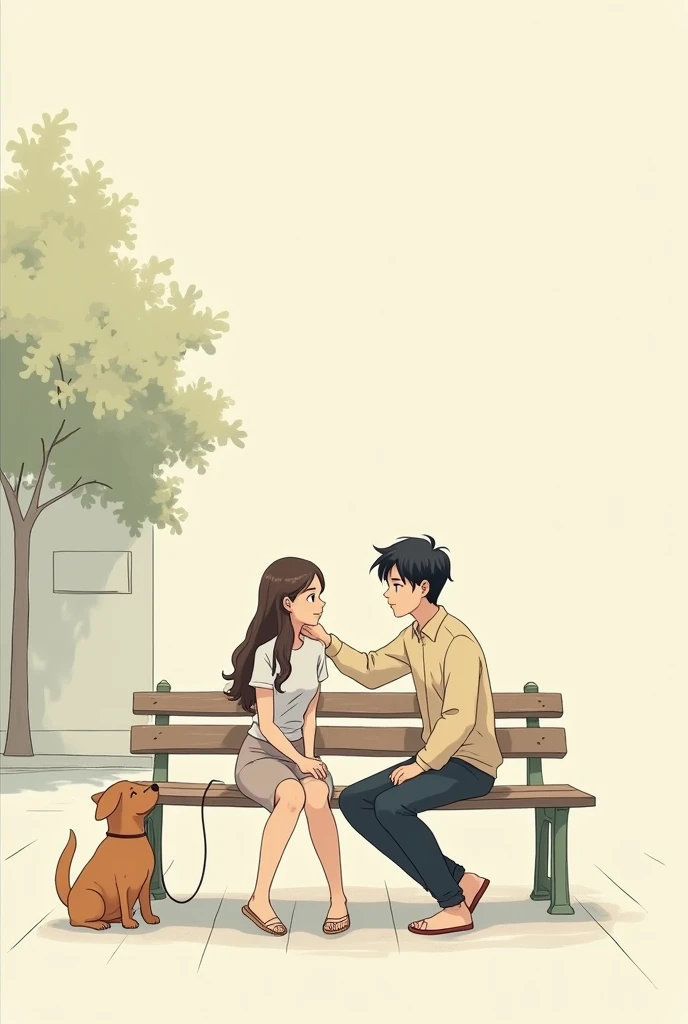 A couple of lovers, he tucking her hair behind her ear, sitting on a bench in the square. She holds the leash of the dog that is sitting next to the couple.. minimalistic, Studio Ghibli, illustration