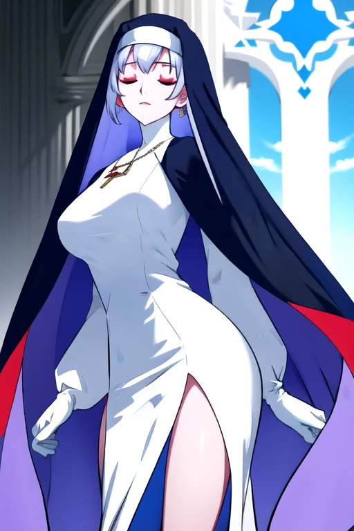 , closed eyes, 
 blue habit, cross necklace ,white gloves, long sleeves, nun, long skirts, cape, standing, white skin, red eyes, 
   1girl, Solo, Masterpiece, Best Quality, Breasts, 