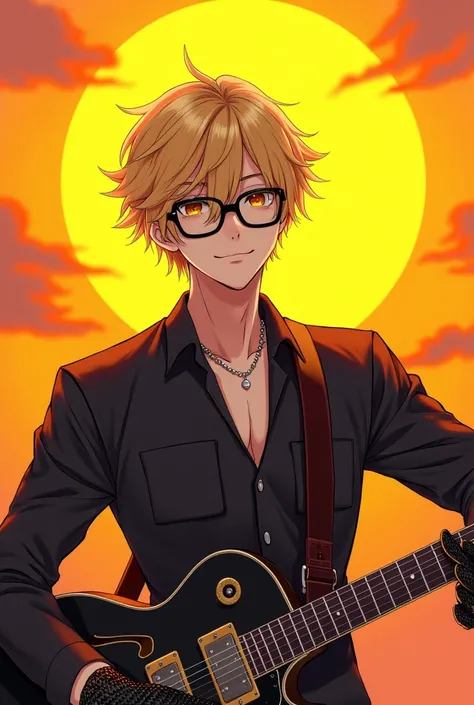 Roblox shirt called sublime with a yellow sun of a sublime anime man with gloves and blond hair and with black glasses and a guitar