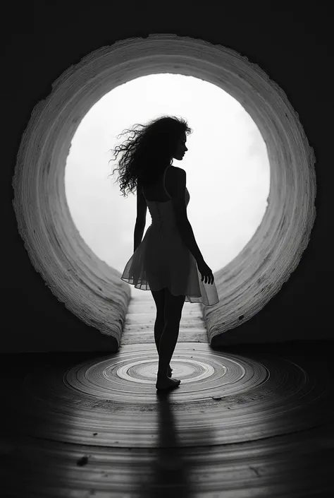 Music layer: LP record with a girl with her back turned inside the record as if it were a mirror with her back walking towards the beyond, black, curly hair and black and white image 