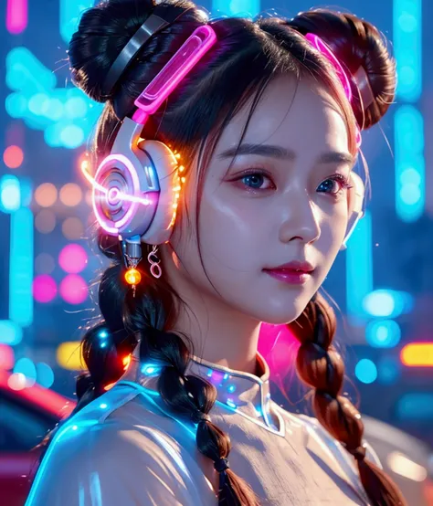 1 woman, Chinese_clothes,Cyber,How many guards?,naked body,Big breasts, nipples,See the smooth vagina,Cyberพังค์ city, dynamic gesture, Glowing headphones, glowing hair accessories, long hair, glow earrings, Fluorescent necklace, Cyberพังค์, เมืองที่มีtech...