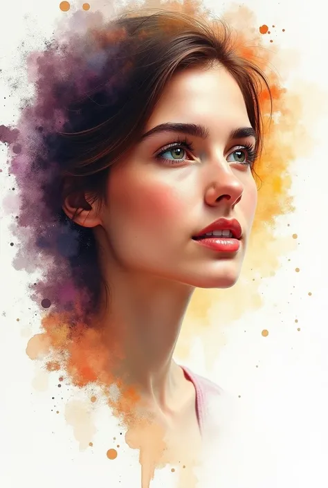 Close up of female face, from the waist to the head, White background, watercolor, Splash, 3D, impressionistic