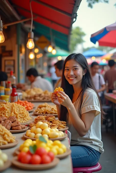 A young woman enjoying traditional Thai desserts at a bustling market in Thailand. She is sitting at a colorful stall filled with a variety of Thai sweets like khanom buang (crispy pancakes), luk chup (fruit-shaped sweets), and thong yip (golden flower-sha...