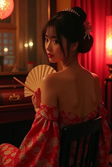 Woman in yukata、Shoulder Bare、Back view、In the cabaret club、Fan in right hand、high resolution、live-action、seat、More sex appeal