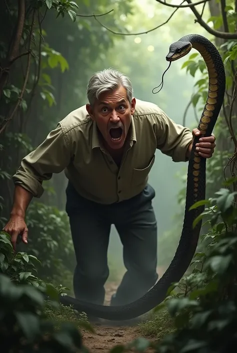 A man surprised at seeing a snake