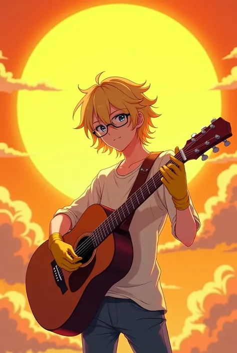 Anime man with black glasses and blond hair and a guitar and a yellow sun with gloves 