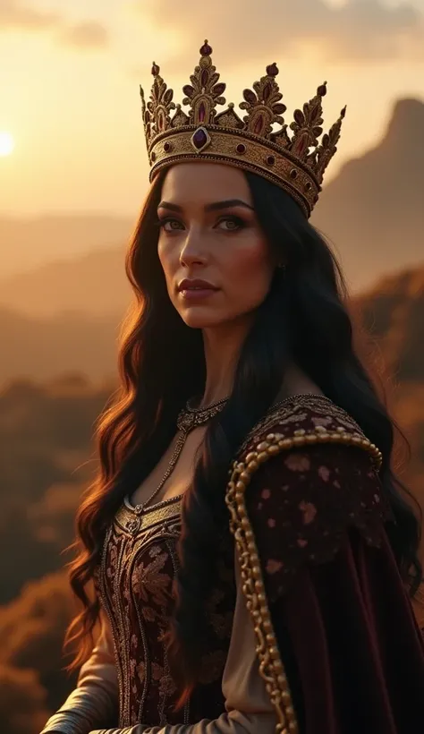 Close-up shot, Low angle shot, (Queen Tamar, A regal Queen Tamar of Georgia, a striking figure with flowing dark hair and a finely crafted gold crown embedded with jewels”, stands on a hill overlooking the battlefield, her silhouette framed by the rising s...