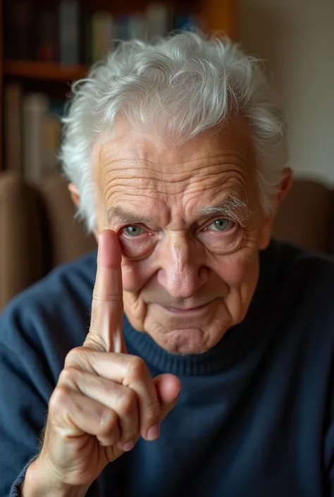 Elderly person sitting in a chair with a finger placed between the eyebrows, and the eyebrow trying to touch the finger.