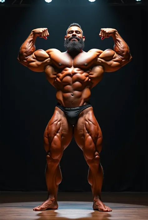 a young hairy bearded Puerto Rican man posing on a stage with his arms raised and a smile on his face, body builder physique, Physicist exagerado, Physicist muscular exagerado, Mr. Universe, big fit ass, long, stark, Physicist |, corpo fitness ifbb, body b...