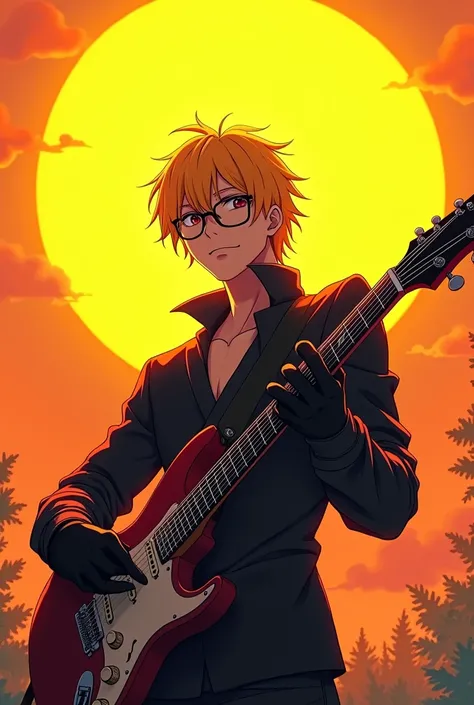 Anime man with black glasses and blond hair and a guitar and a yellow sun with black gloves 