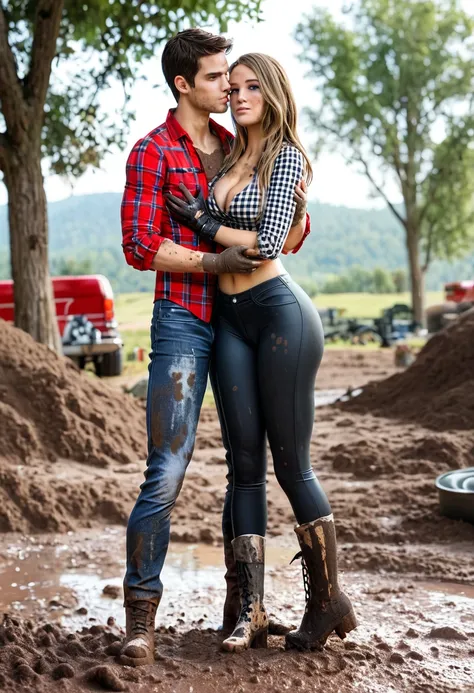 A couple of sexy women embracing, (groping:1.4), wearing (a pair of dirty, muddy and washed-out long tight black jeans:1.4), (cowboy red checkered shirt cleavage:1.1), hiking boots, gloves. Front view. Full body view. Perfect body, perfect hair, perfect bu...