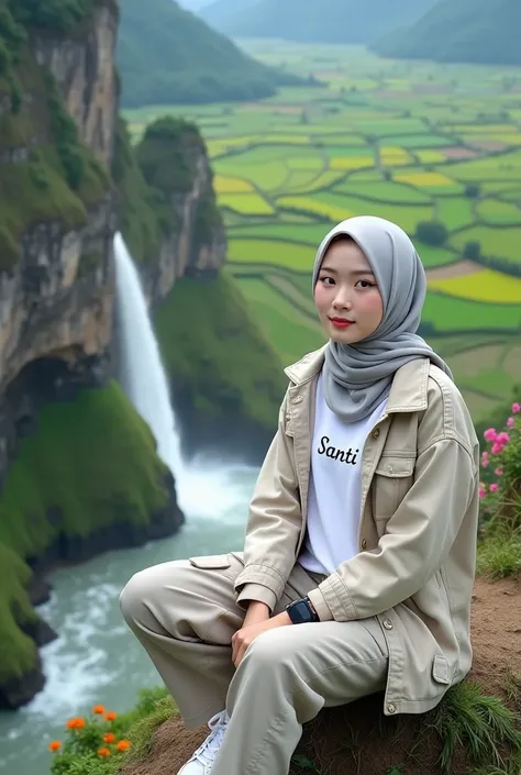 Beautiful Korean girl, smooth white skin, well-groomed face, cream gray hijab, cream gray jeans jacket, white T-shirt with the Santi logo, cargo pants, cool black watch, white shoes, posing sitting on a high mountain, with the background seen from above ri...