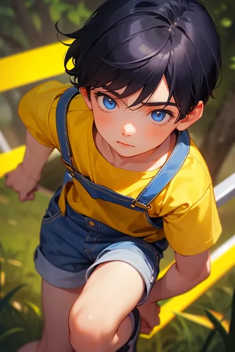 1boy, young little british boy in overalls with shorts and a yellow shirt underneath, dynamic knee poses, glowing blue eyes, out...