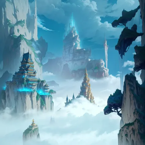 Photo of a mountain with a castle in the background, Cora Legend setting, Floating Land in the Clouds, Onmyoji detailed art, Floating city in the clouds, background technology, Avatar Landscape, Cloud Temple, Matte Mystery Dota Pixar, Near Atlantis Crystal...