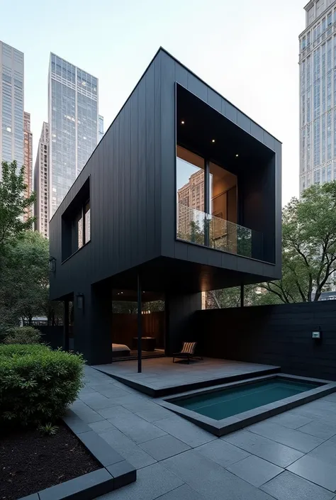 A sleek, minimalist black villa sits in the heart of bustling New York City, USA. Its sharp lines and monochromatic facade exude elegance and modernity. The image, perhaps a photograph, captures the villa in exquisite detail, showcasing its pristine archit...