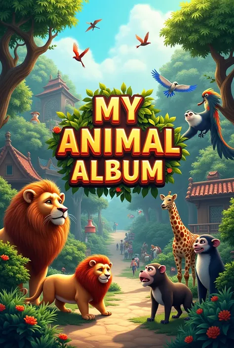 I want a cover with the title: MY ANIMAL ALBUM and a zoo image in the background. 