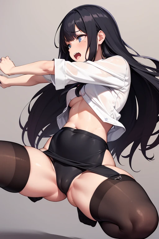 Girl with long hair, with short shirt, nothing but stockings and nothing else on top, sticking out tongue with drool, with stomach free of clothes and transparent clothing, sweating excessively, jumping on someone&#39;s penis, excitement, piernas más larga...