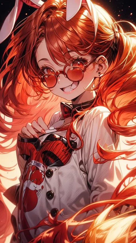 Create an image, of the highest quality, of: 

Girl, copper red hair, with curls, bunny ears, furry the color of her hair, brown eyes, glasses, dressed in bunny pajamas. 