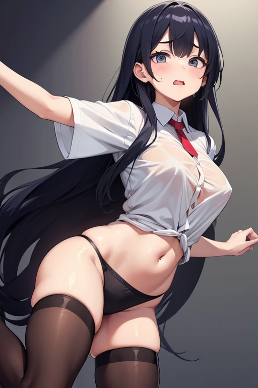 Girl with long hair, with short shirt, nothing but stockings and nothing else on top, sticking out tongue with drool, with stomach free of clothes and transparent clothing, sweating excessively, jumping on someone&#39;s penis, excitement, piernas más larga...