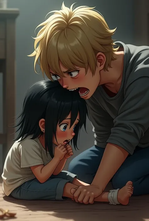 Dark blonde boy yelling at black haired and white girl , sitting on the floor crying scared 