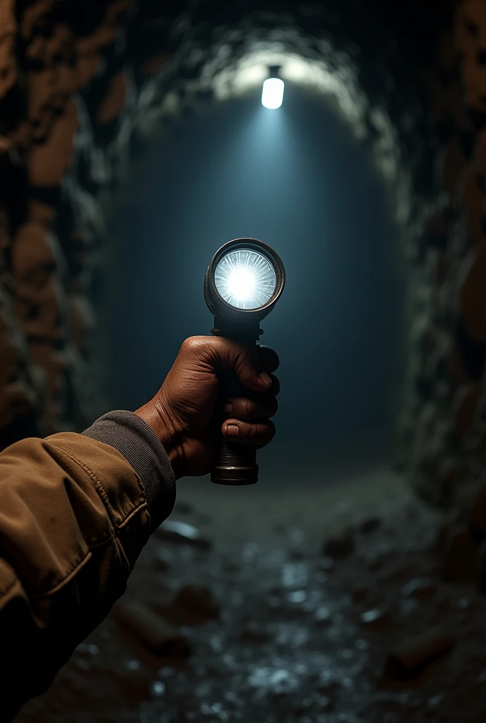 underground mine, I want a first person view, the only apparent member is the arms, a flashlight in hand and nothing else 