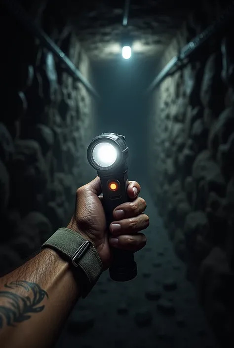 underground mine, I want a first person view, the only apparent member is the arms, a flashlight in hand and nothing else 