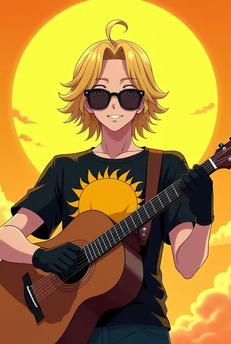 Anime man with black glasses and blond hair and a brown guitar and a yellow sun with black gloves and a black shirt with a yellow sun that says sublime