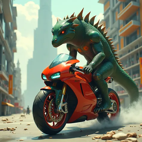 The red tempered glass motorcycle rides with its giant lizard in surreal armor down a modern, stilted street #1950 