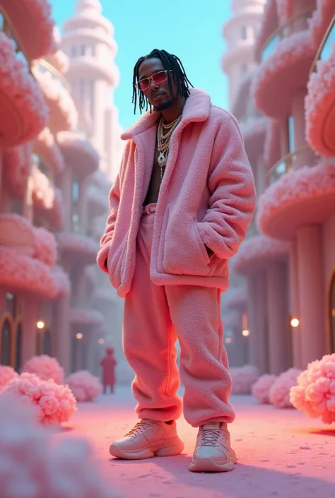 Travis Scott dressed in plush clothing in a plush city