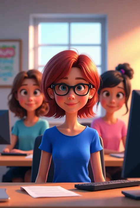 Pixar-style poster of three girls, A girl with medium-short brown hair and a royal blue shirt of medium height, another girl with short red hair with black glasses, short royal blue shirt and another girl with black hair wearing a pink shirt in an office w...