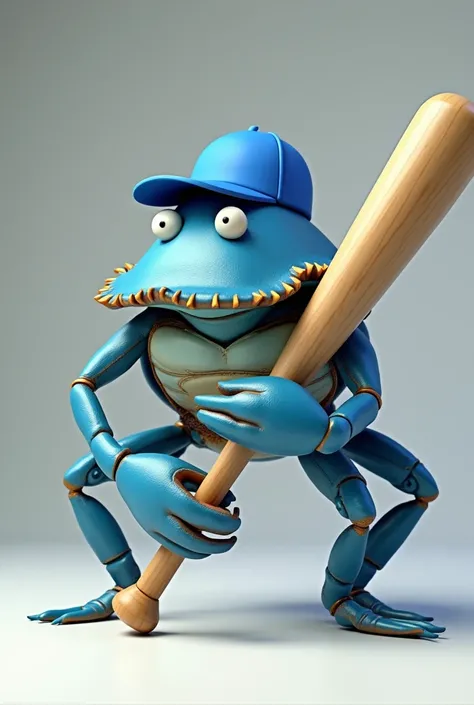 Blue crab with baseball bat in batting stance with blue cap