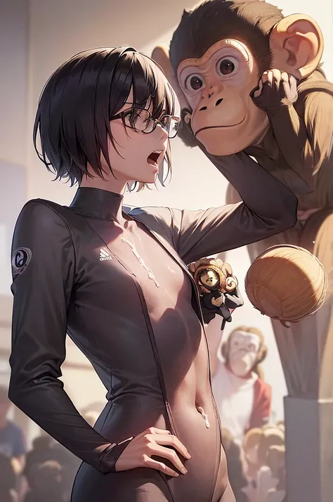 masterpiece, best quality,anime style, 1 girl,(((slender body))), (((small eyes))),(((athlete suit,glasses))),(((scream))),((((3 monkey grabbing the girl)))),((((cum)))), (beautiful face), (((short hair))), (((straight hair))), ((((black hair)))),detailed ...