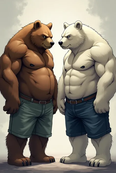 Two furry muscular men brown and polar bears in regular clothes serious anime