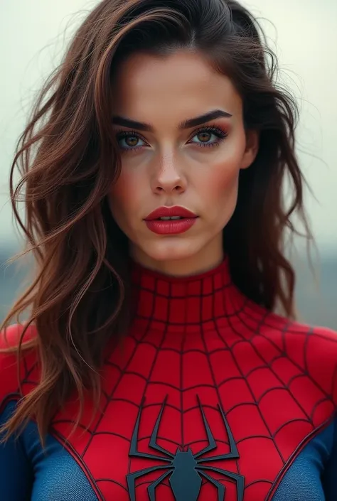 create a drawing of a long haired woman, brown color, with the side of the hair shaved, dark brown eyes and wearing Spider-Man&#39;s outfit 