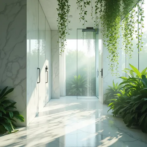 "Fabulous minimalist shower room with organic touches, Designed by architect Zaha Hadid. White marble walls and ceiling create a bright space, while the water runs from the shower. Green ivy hangs from the ceiling, and modern metal fittings can be seen beh...